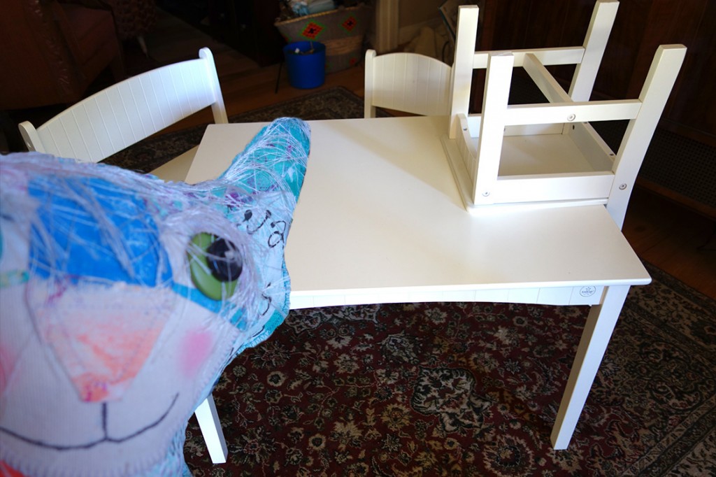 Whimsical Cat Doll selfie with children's table.