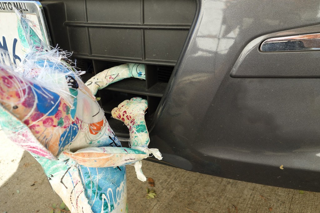 The Chairman puts his paws on the car and talks to it.