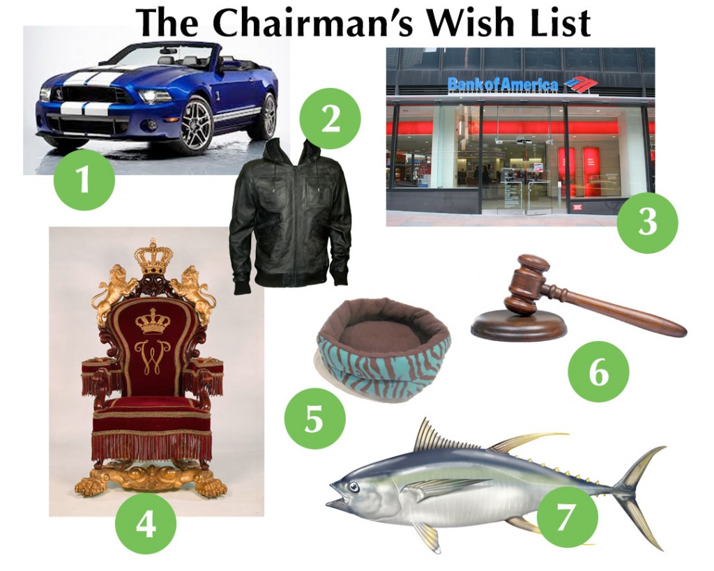 The Chairman's wishlist includes a convertible muscle car, a leather jacket, a bank, a royal throne, a cat bed, a gavel and a large tuna fish.