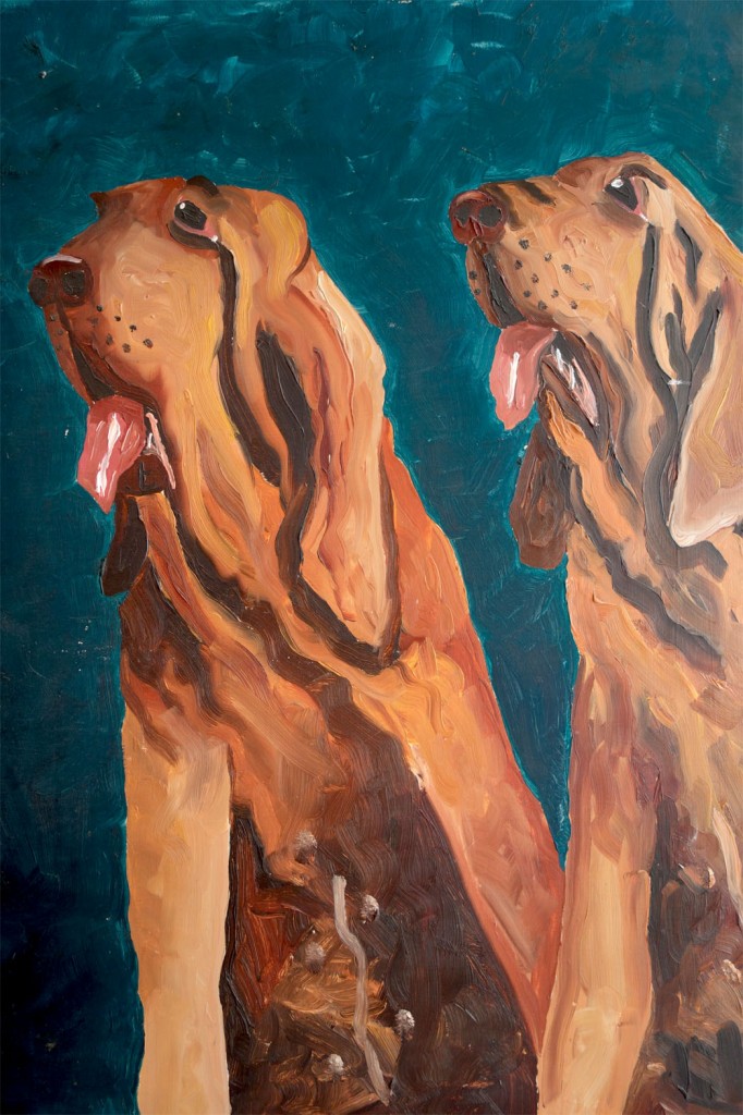 Two cute bloodhounds painted with oil paints on a colorful background.