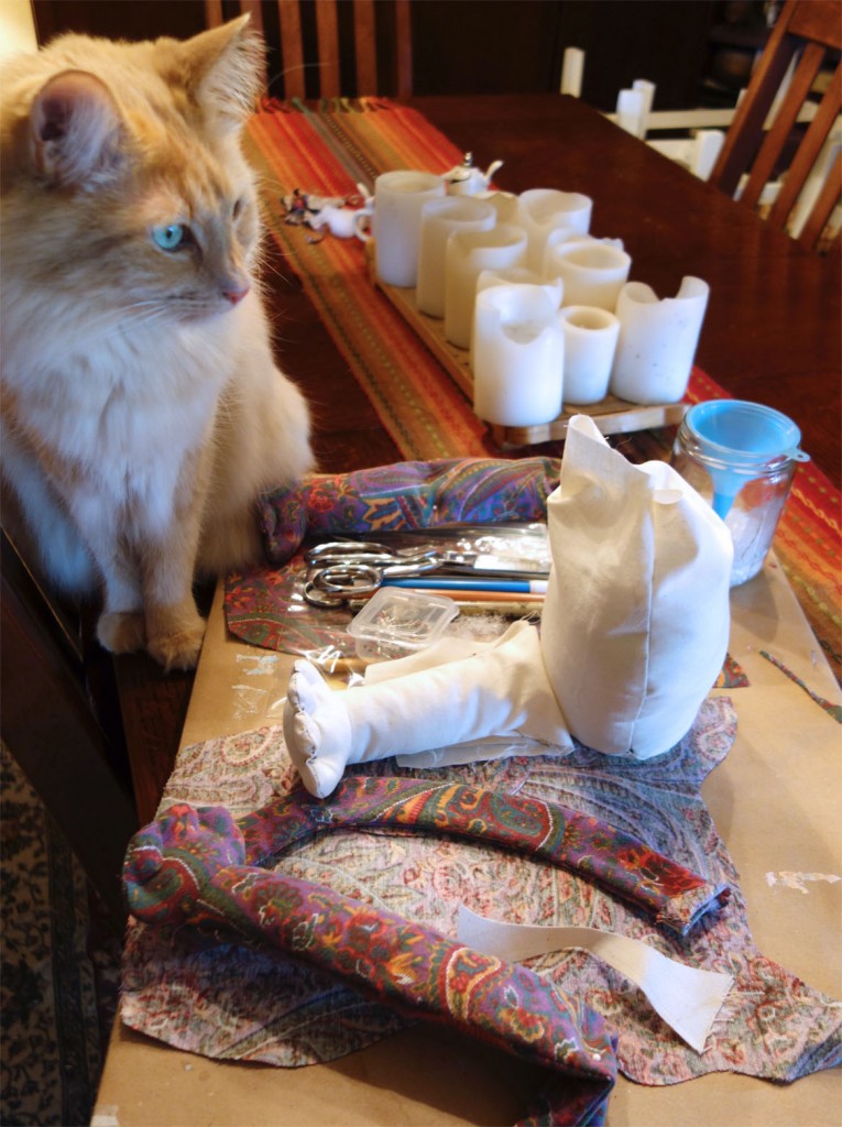 Beautiful Rudy, a real life cat, sits on the table next to a lot of doll supplies.