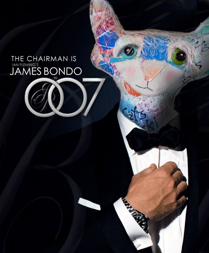 The Chairman cat doll's head replaces Daniel Craigs on the Movie poster for James Bond 007. The poster reads The Chairman is James Bondo in double oh seven.