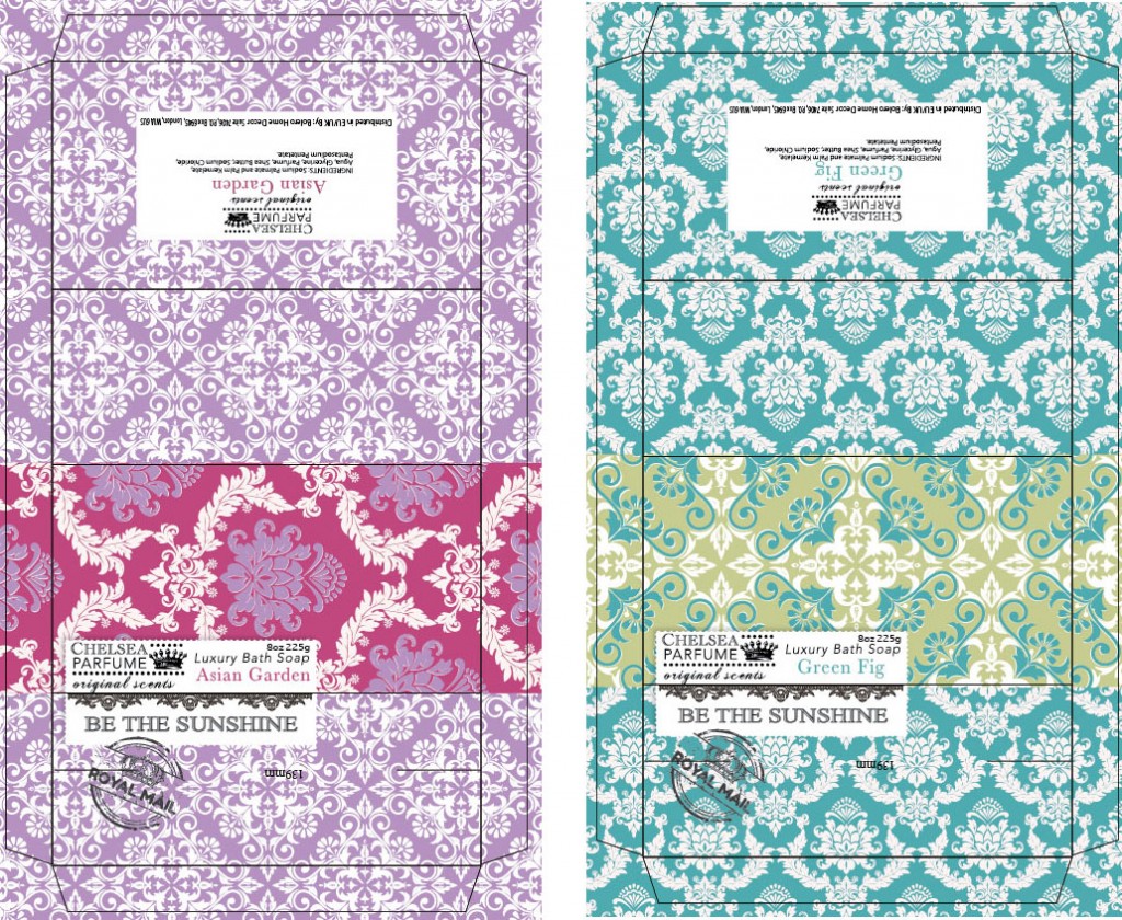 Very colorful damask designs for bar soap packaging.