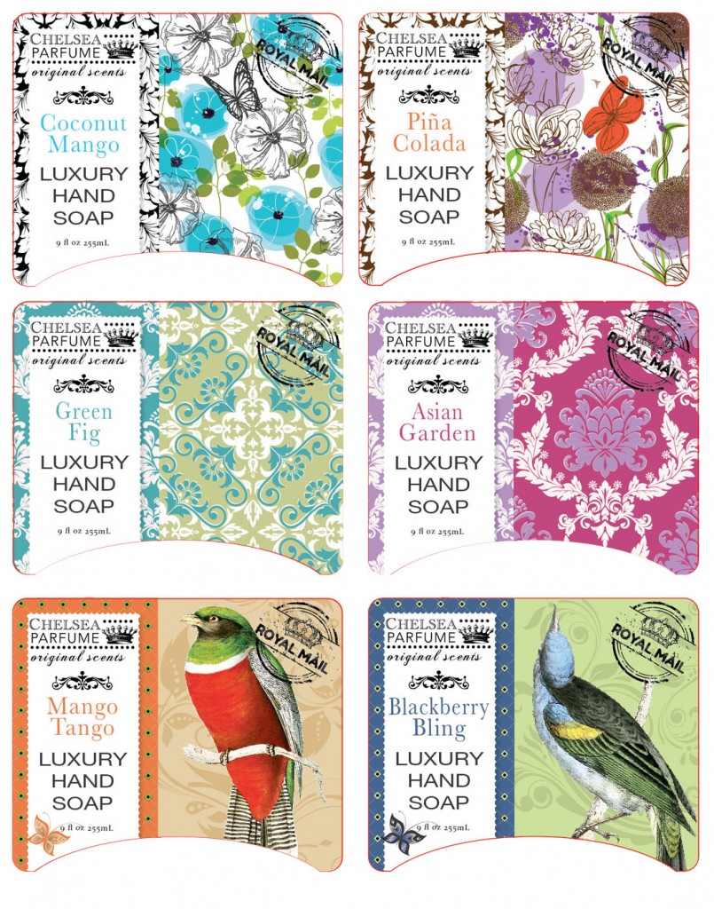 The pretty bird, floral and damask patterns as applied to a liquid soap glass jar.
