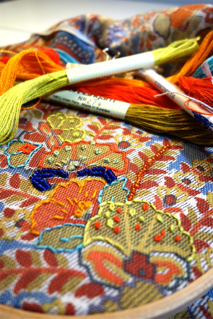 Rich and colorful embroidery on beautiful paisley fabric.