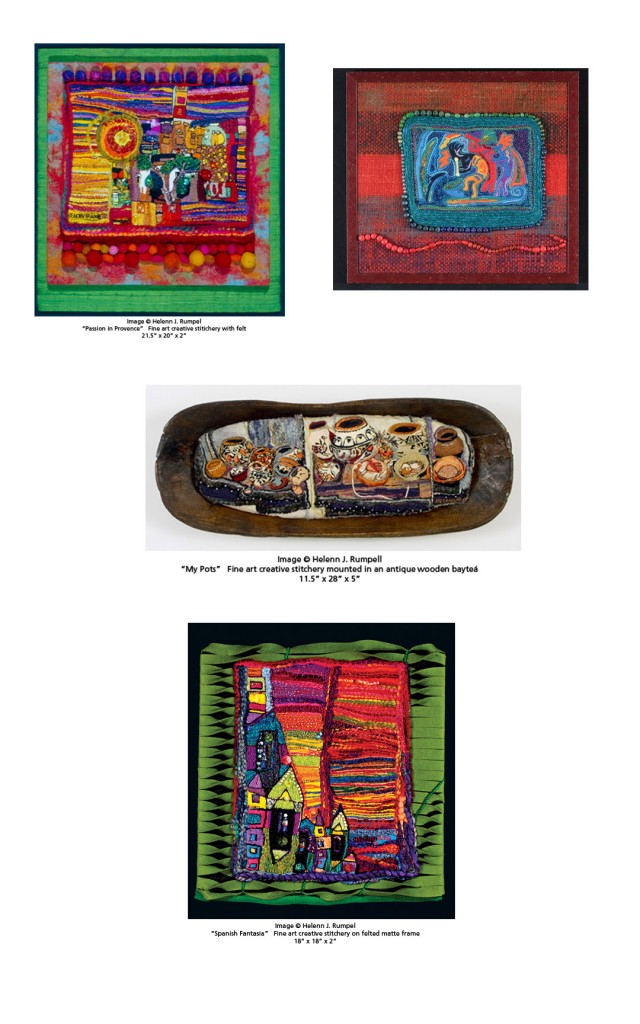 A colorful assortment of brightly colored embroidered wall hangings created by Helenn Rumpel.