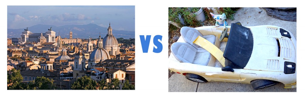 The lovely, crowded photo of Rome versus a photo of the Chairman's lonely car.