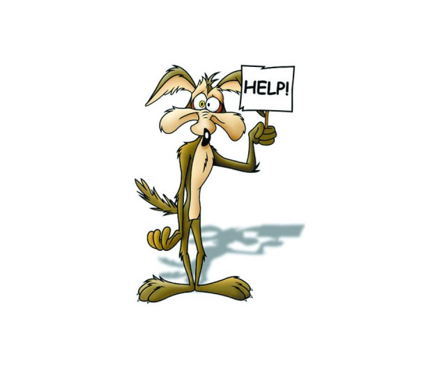 A image of the cartoon character of Wile E. Coyote holding a help sign. 