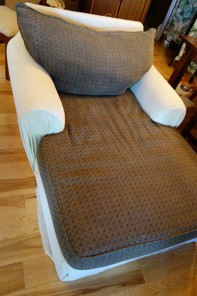 Chaise partially covered but still have to cover two big cushions.