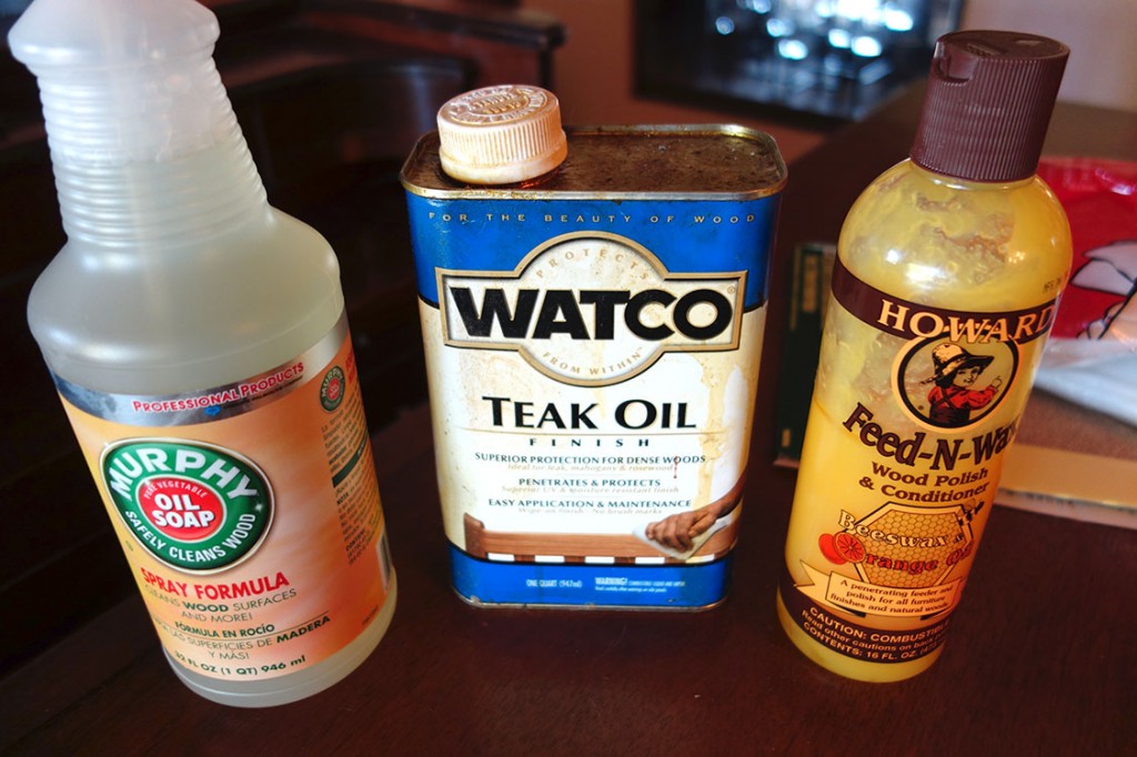 A photo of Murphy's Oil Soap, Watco Teak Oil and Howards Feed-N-Wax.