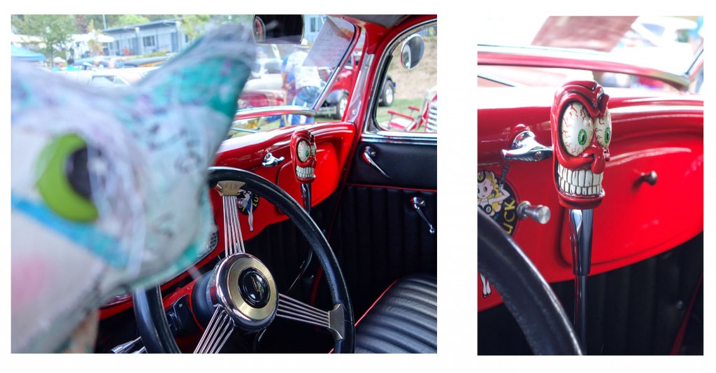 Two photos of a vintage pickup truck with an outrageous bloodshot eyeball and big teeth on the stick shift. Very cool!