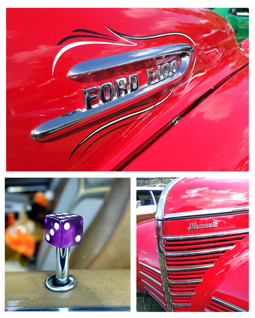 A collection of shots including purple dice on a door lock, vintage chrom grill work and a vintage Ford Logo emblazoned across a shiny red hood.