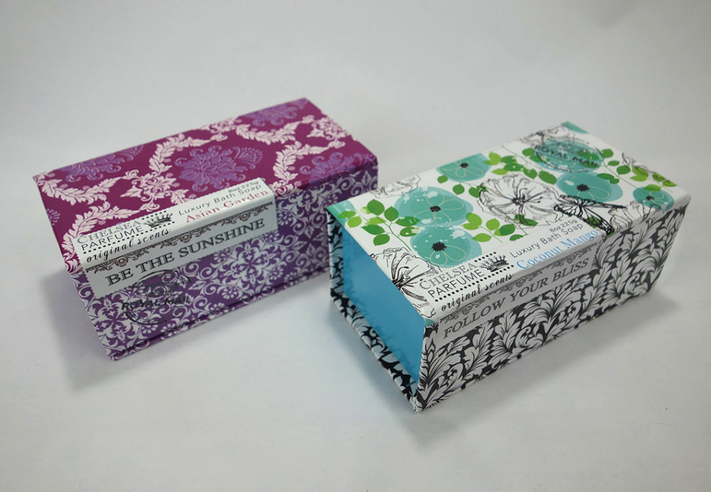 Two beautiful single soap boxes. One is a damask design. The other is abstract floral.