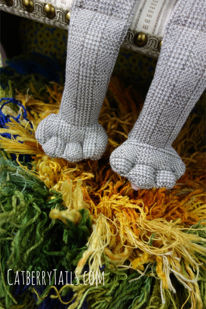 A detail shot of Rascals feet and legs dangling over the edge of the bench.