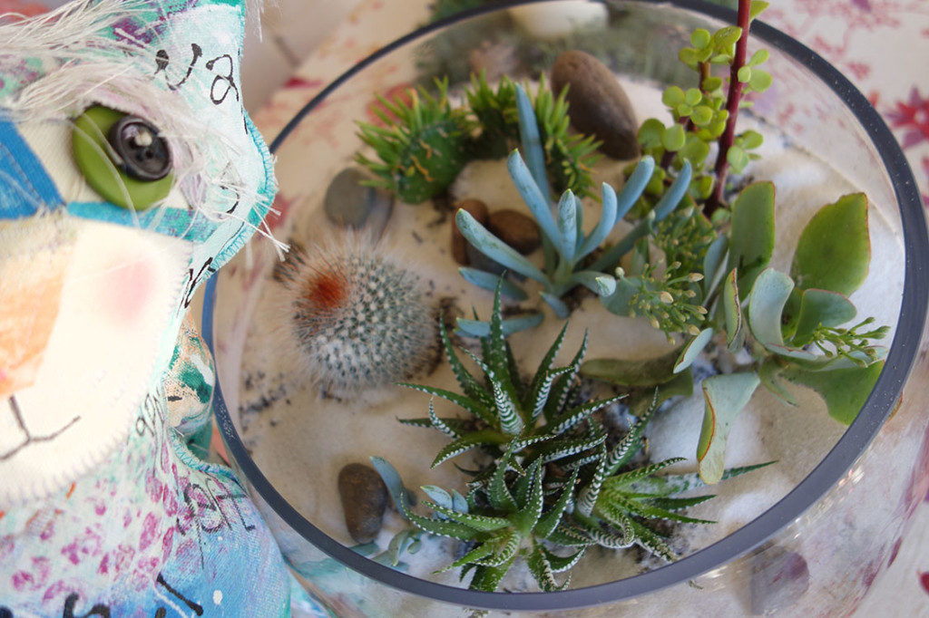 A very large terrarium filled with odd succulents and a small cactus. It's actually quite stunning but very unusual.