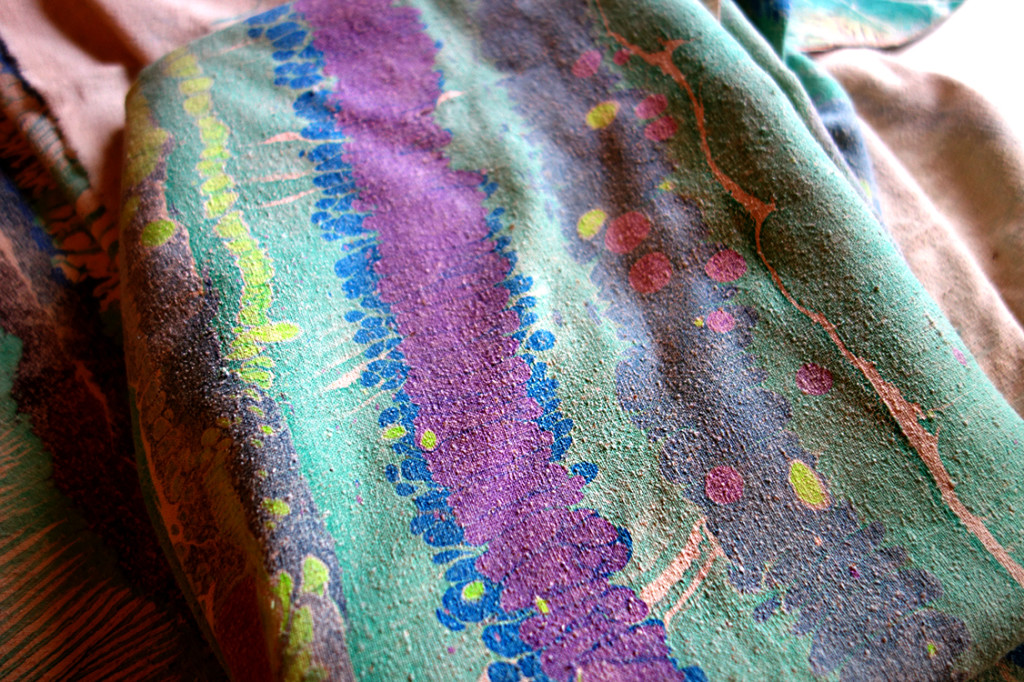 Beautiful hand-dyed marbled fabric on raw silk.